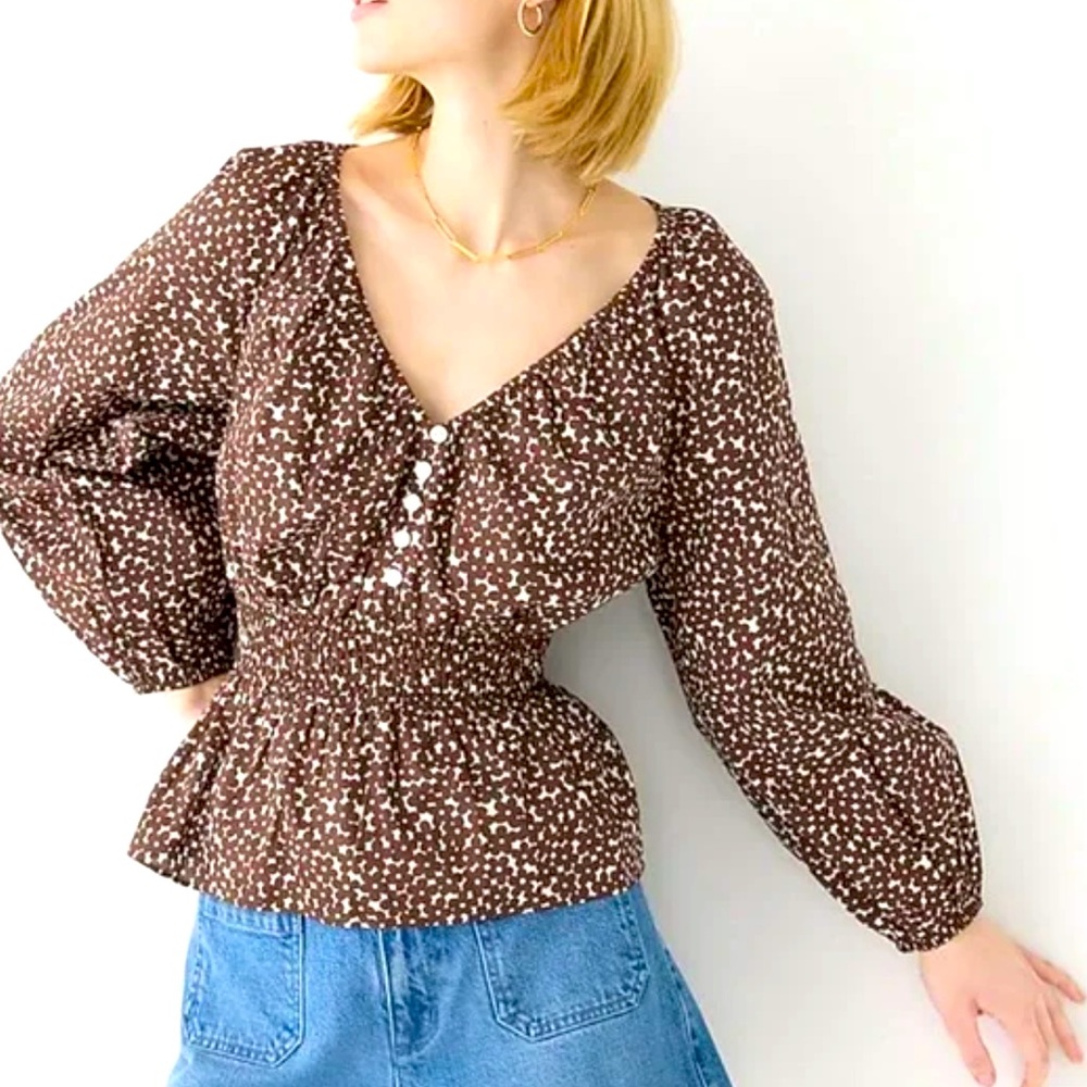 J. Crew: V-neck Smocked-waist Top in Mocha Floral Size S